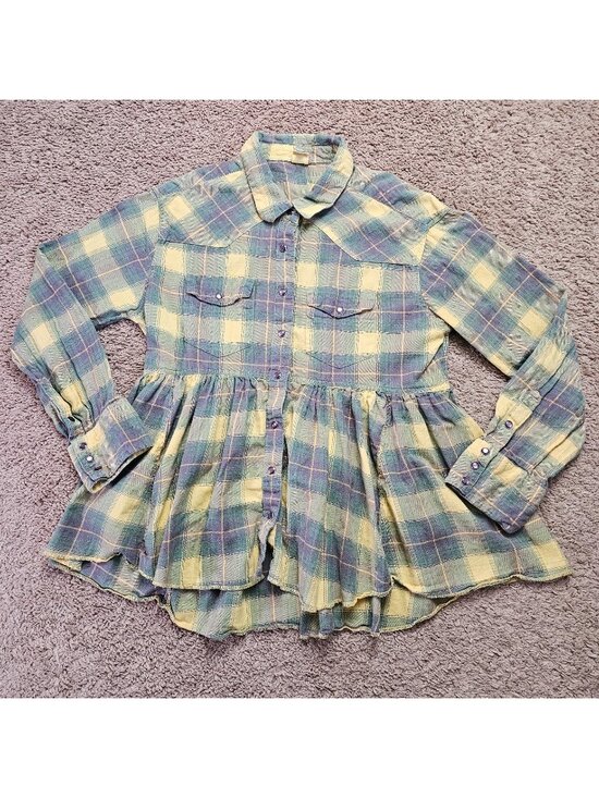 ivy jane Tops - Ivy Jane Plaid Peplum Top Womens M Y2K Boho Western Ruffle Flannel Button Shirt